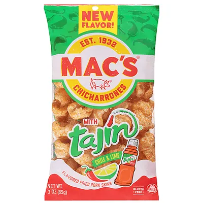 Mac's Chicharrones with Tajin Chile & Lime Flavored Fried Pork Skins 3 oz Bag