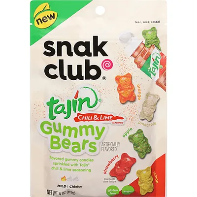 Snak Club Gummy Bears, Tajin Chili & Lime Seasoned, Assorted, Mild 4oz Bag