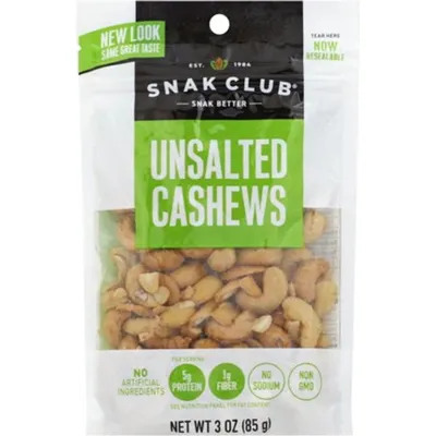 Snak Club Unsalted Cashews 3oz Bag