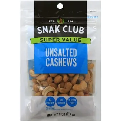 Snak Club Unsalted Cashews 4 oz Bag