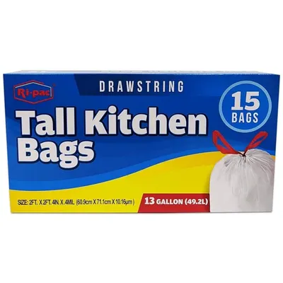 Ri-Pac Tall Kitchen Drawstring Bags 13 Gallon 12 Count