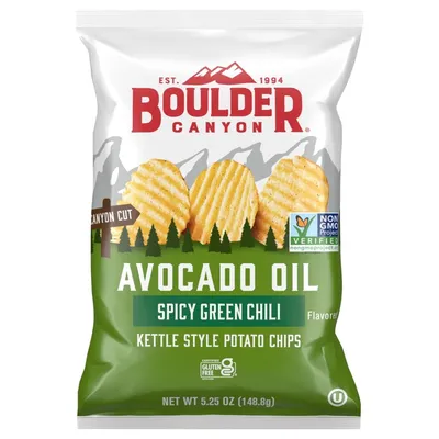 Boulder Canyon Avocado Oil Spicy Green Chili Kettle Cooked Potato Chips 5.25 oz Bag