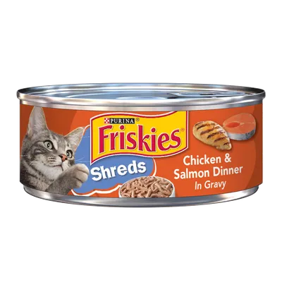 Friskies Purina Wet Cat Food Savory Shreds Chicken & Salmon Dinner In Gravy 5.50 Oz Can