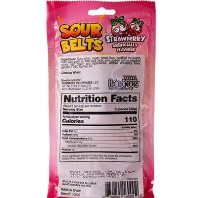 Raindrops Strawberry Sour Belts 3.52 oz Bag