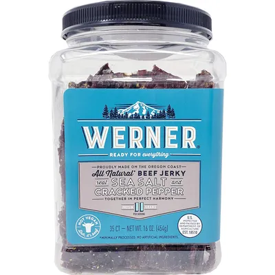 Werner Gourmet Meat Snacks Sea Salt and Cracked Pepper Beef Jerky Jar 16oz Container