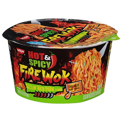 Nissin Hot & Spicy Fire Wok Sizzlin Rich Pork Ramen Bowl 4.37 oz